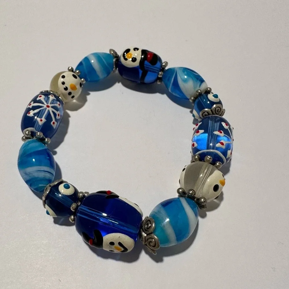 Glass Beads Stretch Bracelet Blue White Snowman Snowflake‎ Christmas Handmade